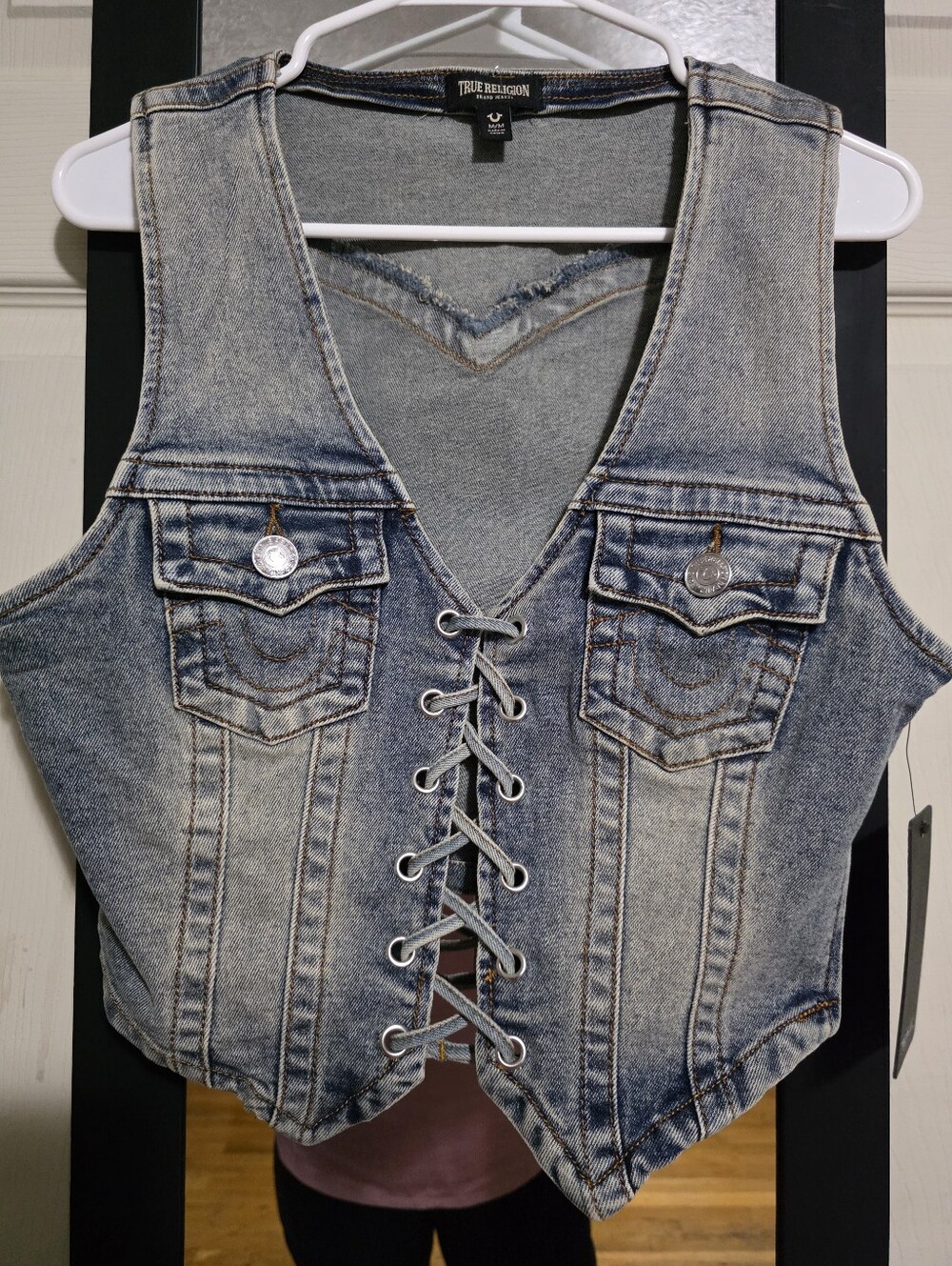 True Religion Women's Lace-Up Washed Denim Vest - Light Wash Blue